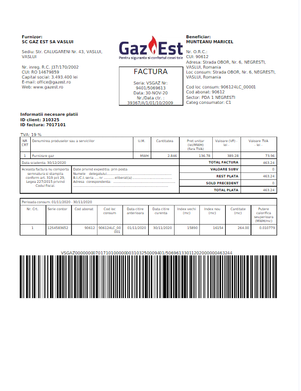 ROMANIA GAZ EST utility bill Word and PDF template